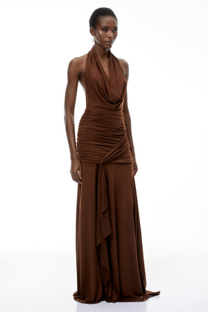 Aurohaya Brianna Chocolate Brown Halterneck Ruched Maxi Dress