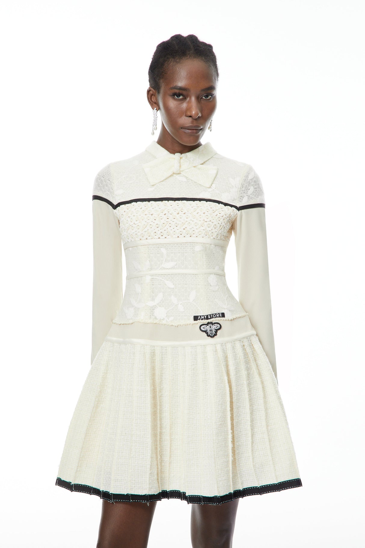 Aurohaya Bridget White Pleated Mini Dress with Bow-Tie