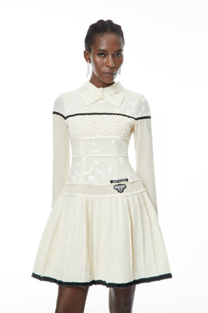 Aurohaya Bridget White Pleated Mini Dress with Bow-Tie