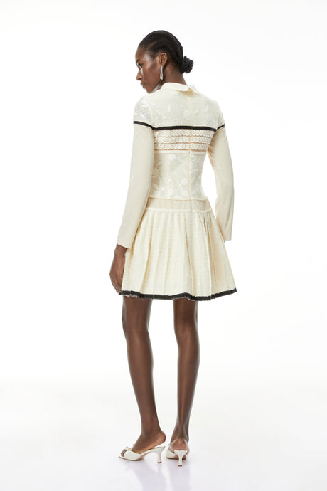Aurohaya Bridget White Pleated Mini Dress with Bow-Tie