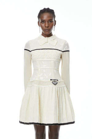 Aurohaya Bridget White Pleated Mini Dress with Bow-Tie
