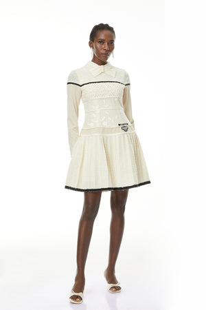 Aurohaya Bridget White Pleated Mini Dress with Bow-Tie