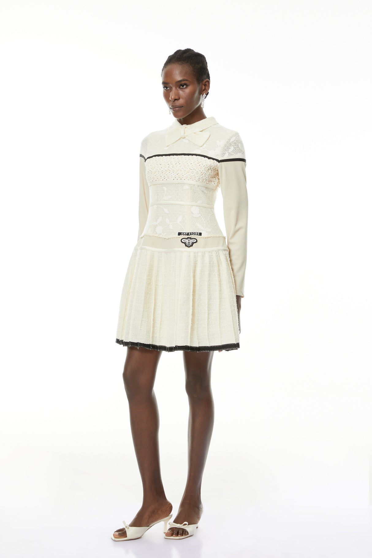 Aurohaya Bridget White Pleated Mini Dress with Bow-Tie