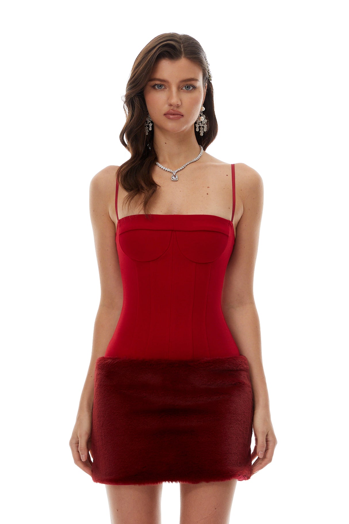 Aurohaya Brielle Red Faux-Fur Panel Mini Dress