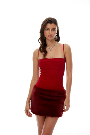Aurohaya Brielle Red Faux-Fur Panel Mini Dress