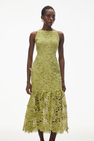 Aurohaya Briseis Olive Green Midi Dress with 3D Florals