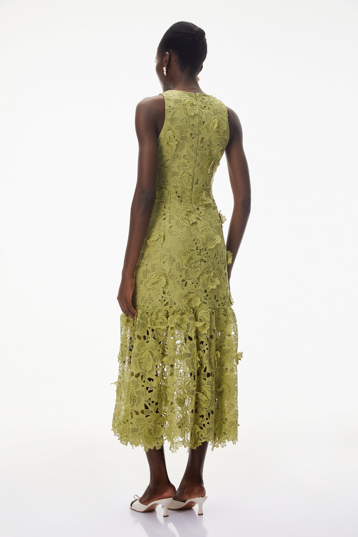 Aurohaya Briseis Olive Green Midi Dress with 3D Florals
