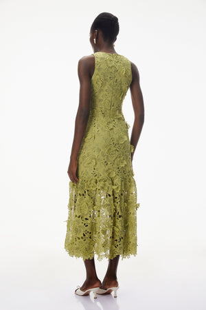 Aurohaya Briseis Olive Green Midi Dress with 3D Florals