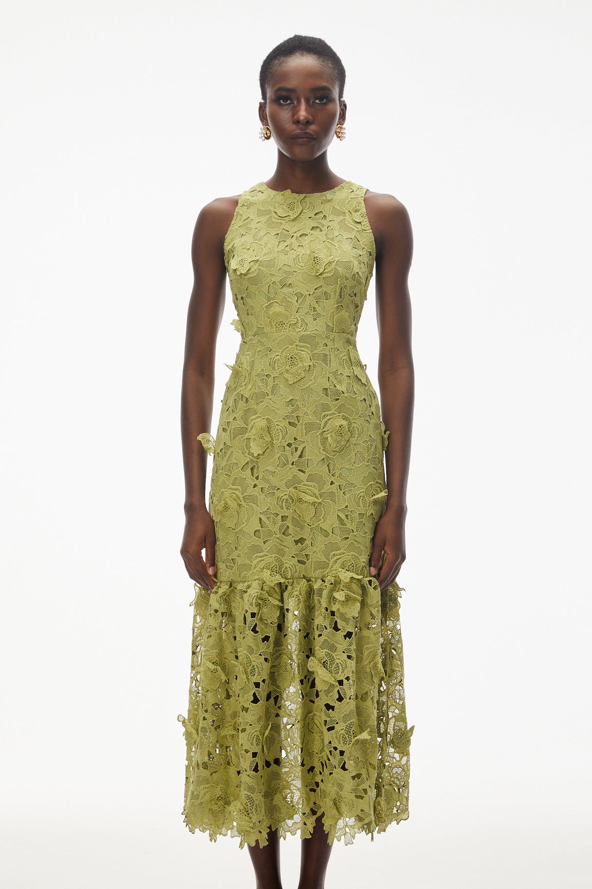 Aurohaya Briseis Olive Green Midi Dress with 3D Florals