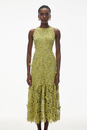 Aurohaya Briseis Olive Green Midi Dress with 3D Florals