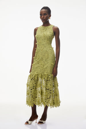 Aurohaya Briseis Olive Green Midi Dress with 3D Florals