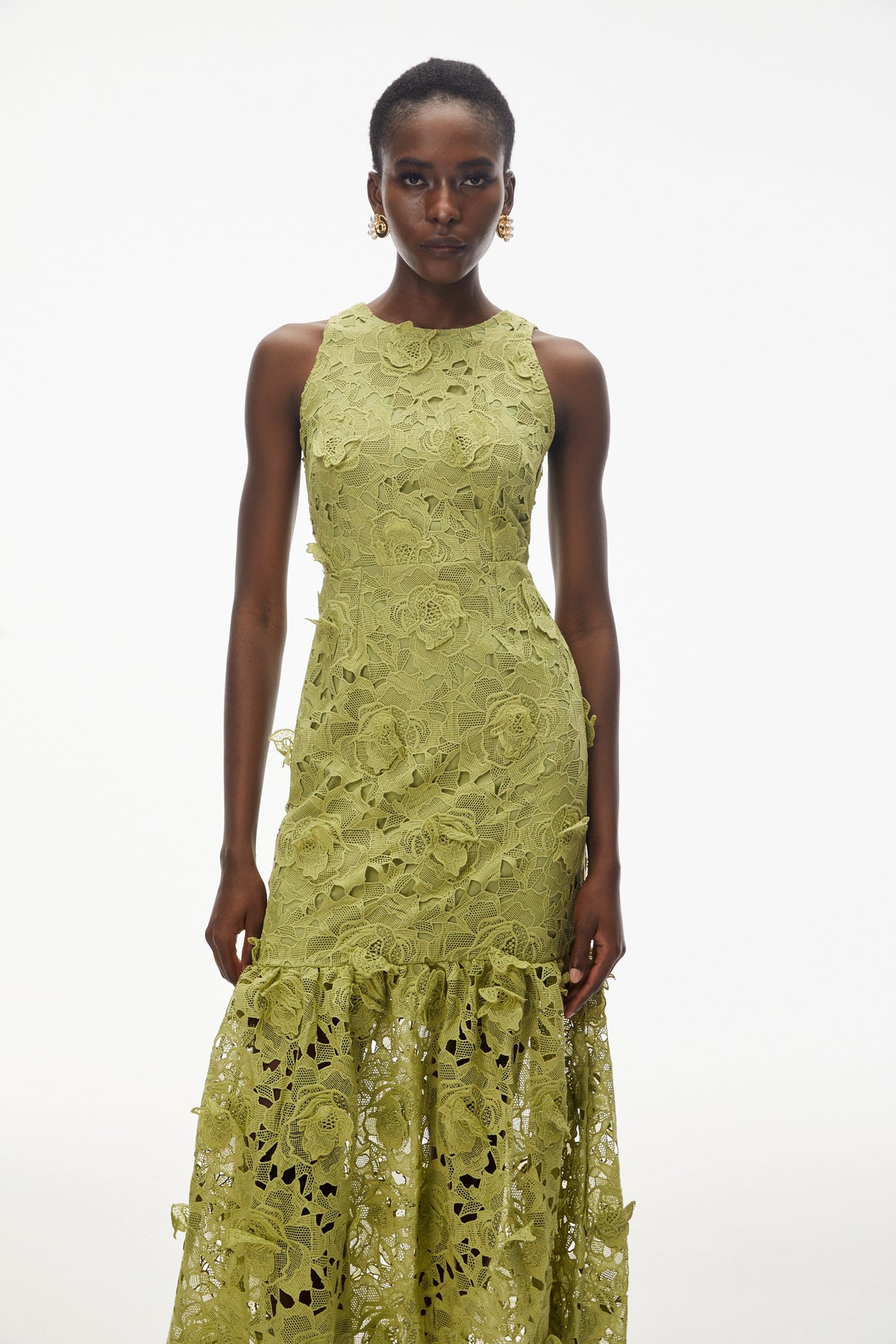 Aurohaya Briseis Olive Green Midi Dress with 3D Florals