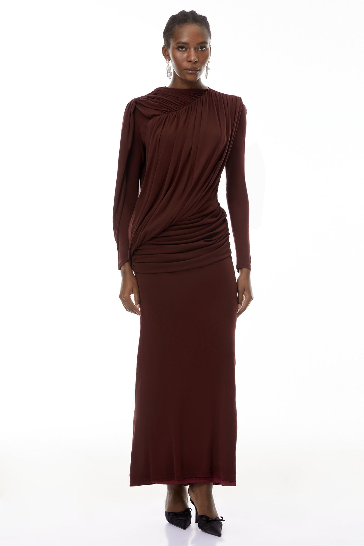 Aurohaya Briseis Russet Asymmetrical Ruched Maxi Dress