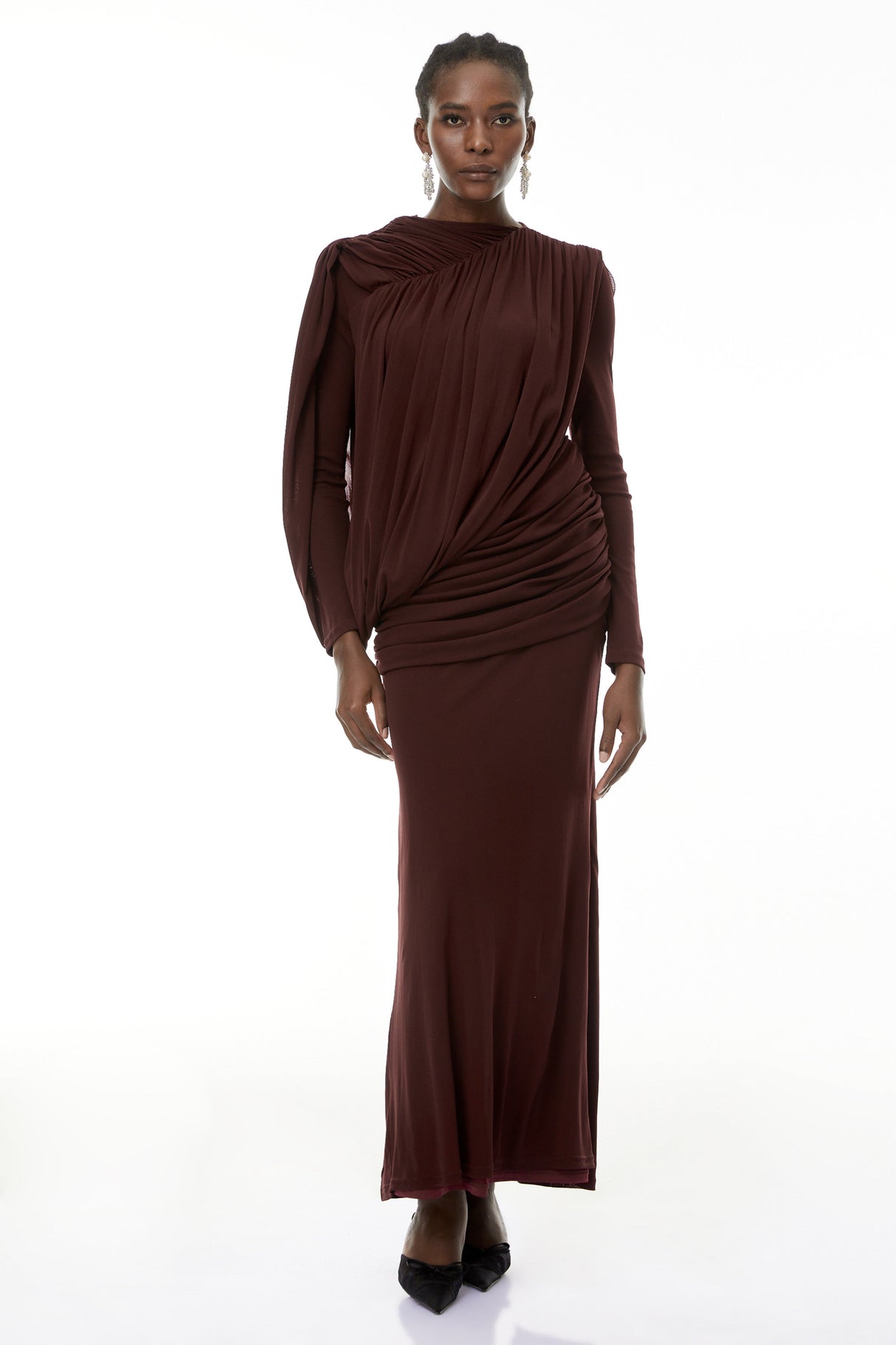 Aurohaya Briseis Russet Asymmetrical Ruched Maxi Dress