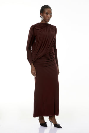 Aurohaya Briseis Russet Asymmetrical Ruched Maxi Dress