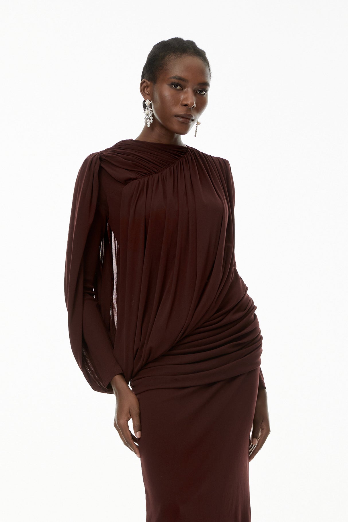 Aurohaya Briseis Russet Asymmetrical Ruched Maxi Dress