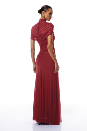 Aurohaya Bruna Red Cut-Out Ruched Mesh Maxi Dress
