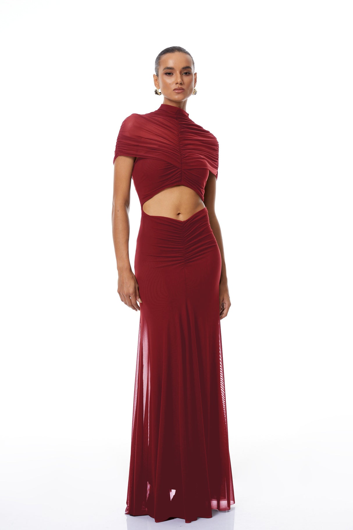 Aurohaya Bruna Red Cut-Out Ruched Mesh Maxi Dress
