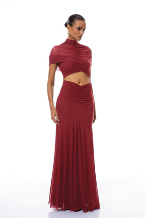 Aurohaya Bruna Red Cut-Out Ruched Mesh Maxi Dress