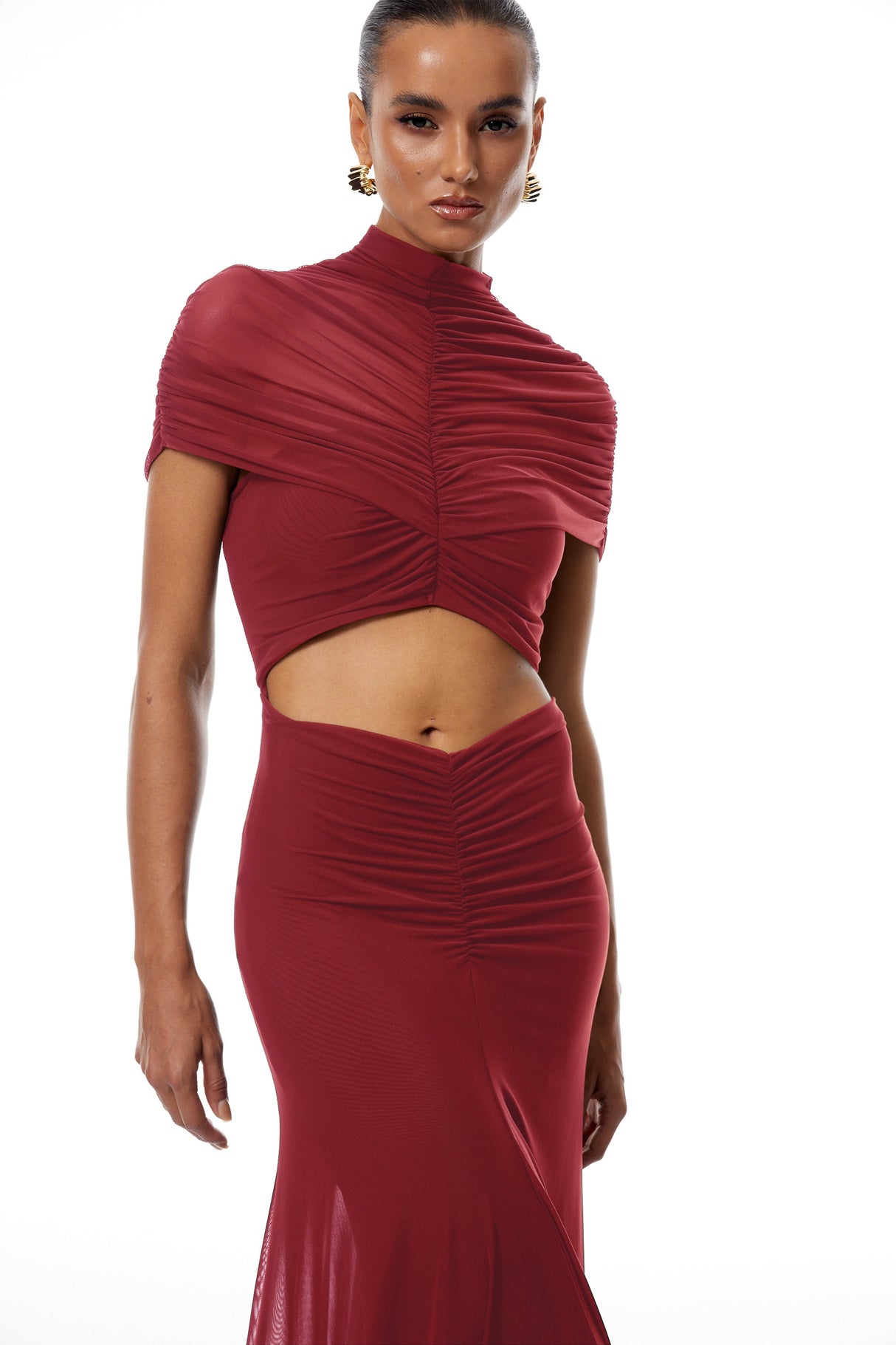 Aurohaya Bruna Red Cut-Out Ruched Mesh Maxi Dress