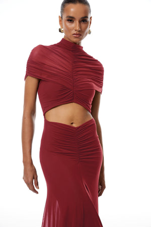 Aurohaya Bruna Red Cut-Out Ruched Mesh Maxi Dress