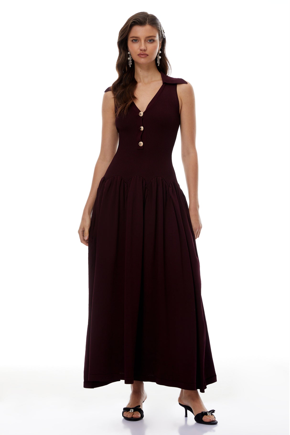 Aurohaya Brynhildur Burgundy Sleeveless Knit Maxi Dress