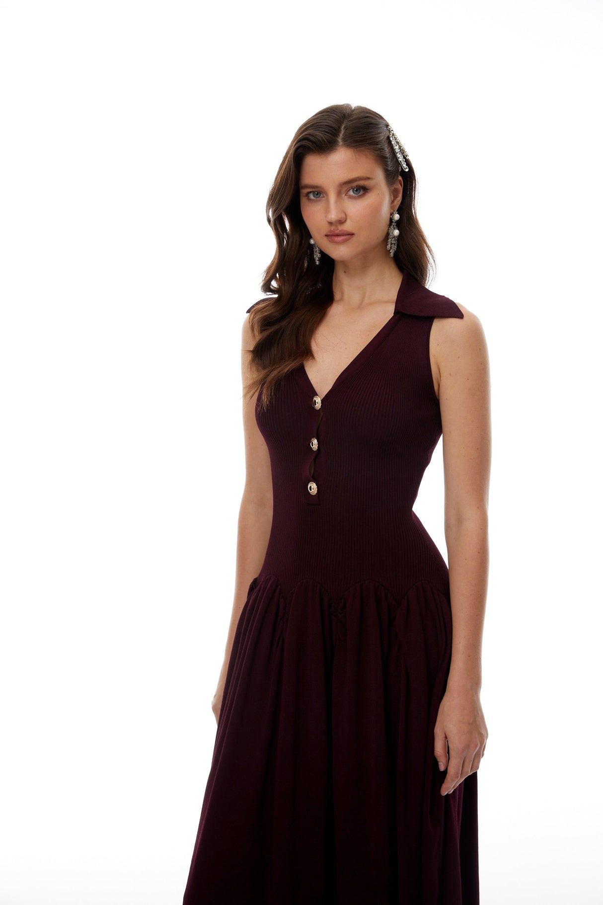 Aurohaya Brynhildur Burgundy Sleeveless Knit Maxi Dress