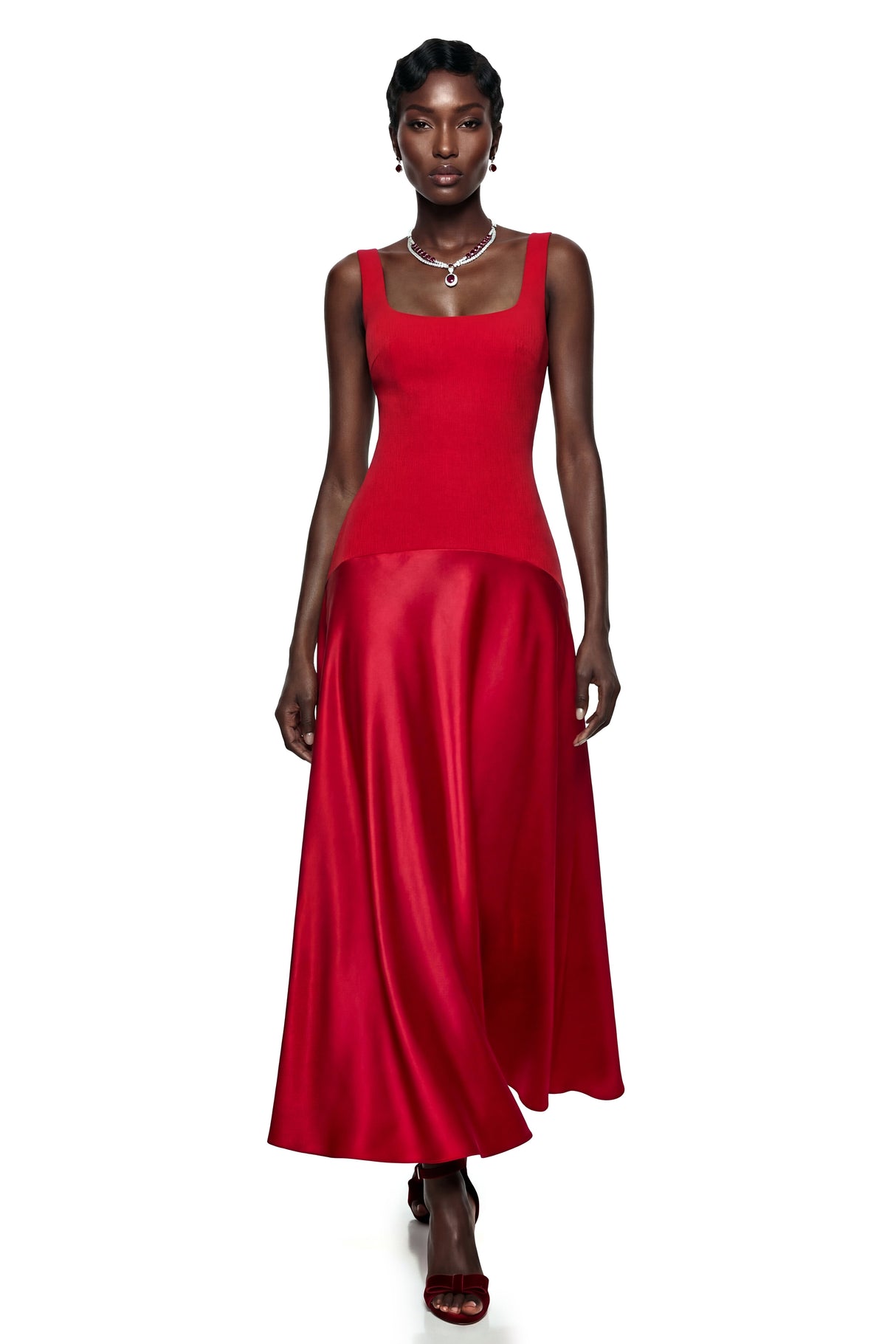 Aurohaya Brynja Red Square Neck Sleeveless Maxi Dress