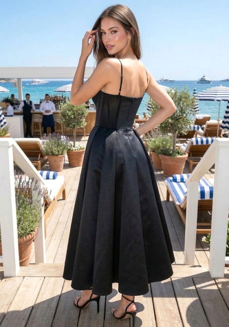 Bustier A Line Mesh Detail Midi Dress Black
