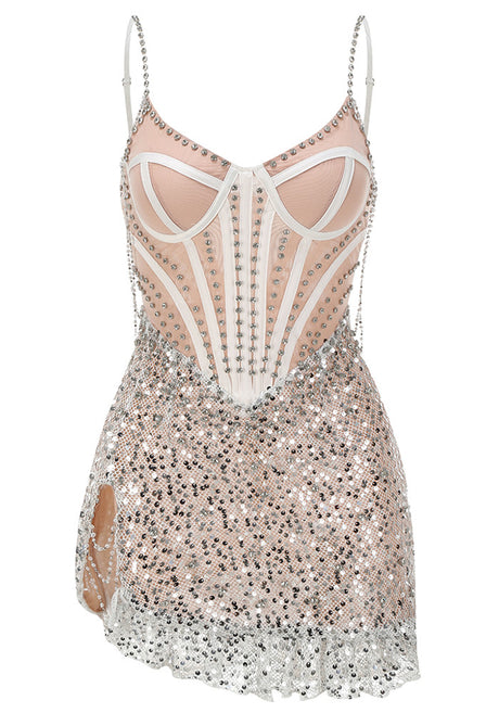 Bustier Sequin Dress Nude Silver