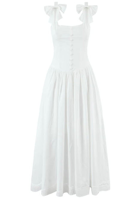 Bow Detail Button A Line Midi Dress White