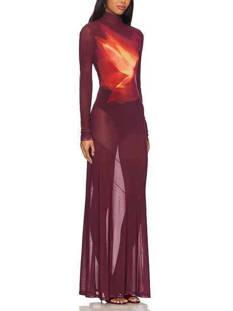 Aurohaya Unique Abstract Floral Print Mesh Sheer Maxi Dress