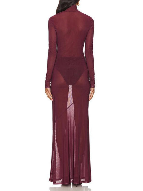 Aurohaya Unique Abstract Floral Print Mesh Sheer Maxi Dress