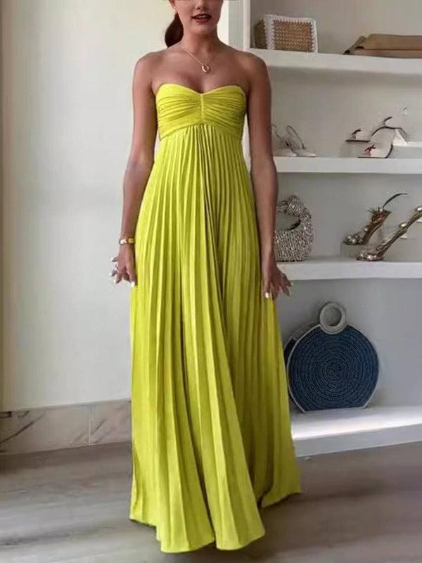 Aurohaya Exquisite Princess Pleated Off-the-shoulder Party Maxi Dress Yellow