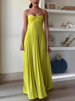 Aurohaya Exquisite Princess Pleated Off-the-shoulder Party Maxi Dress Yellow