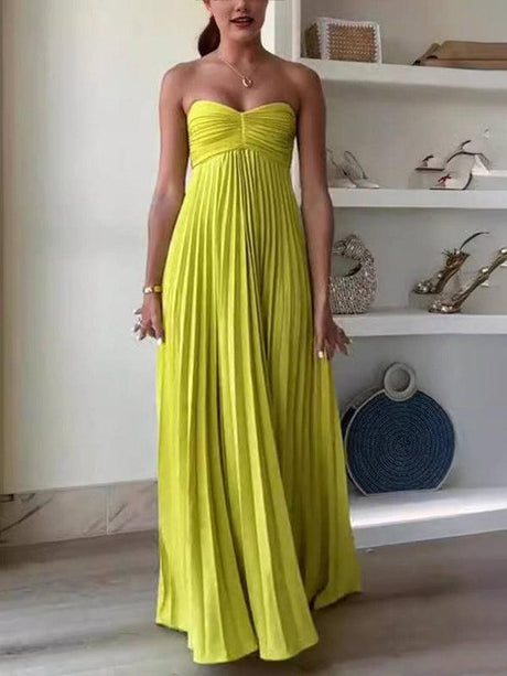 Aurohaya Exquisite Princess Pleated Off-the-shoulder Party Maxi Dress Yellow