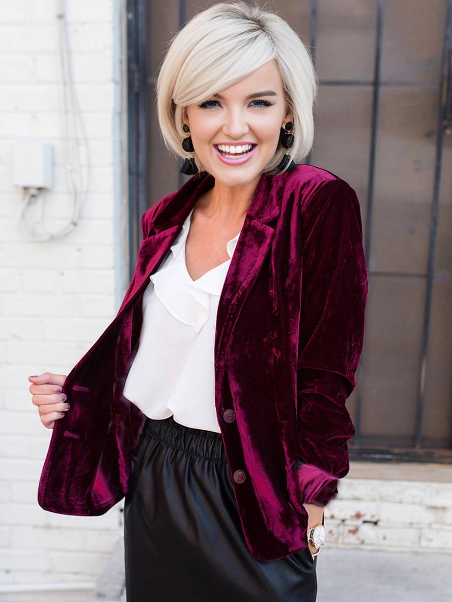 Aurohaya Velvet Blazer for Women with Notch Lapel Elegant Vintage Single-Breasted Long-Sleeve Jacket