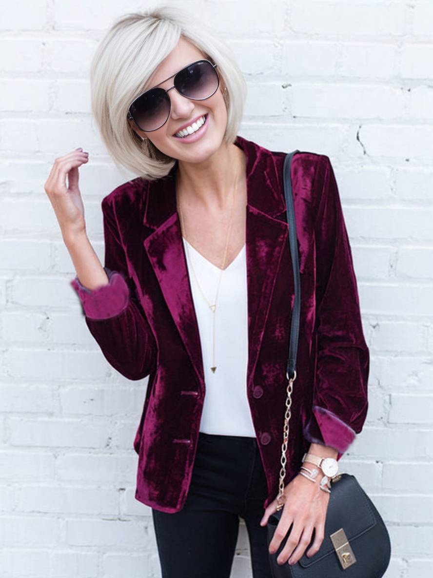Aurohaya Velvet Blazer for Women with Notch Lapel Elegant Vintage Single-Breasted Long-Sleeve Jacket