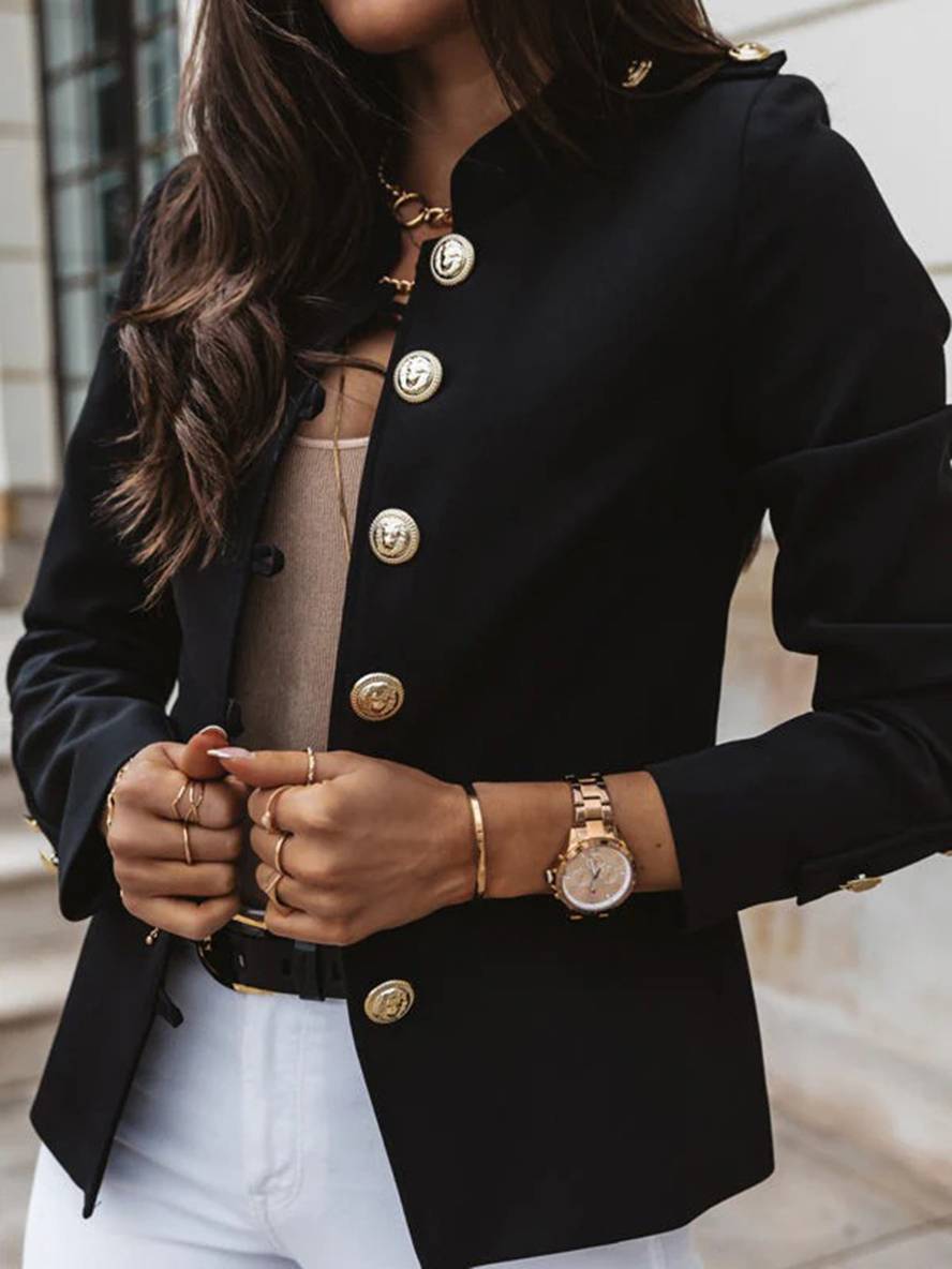 Aurohaya Short Officer Jacket for Women Button-Up Stand Collar Elegant Polyester Blazer