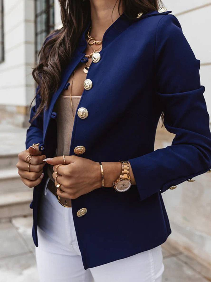 Aurohaya Short Officer Jacket for Women Button-Up Stand Collar Elegant Polyester Blazer