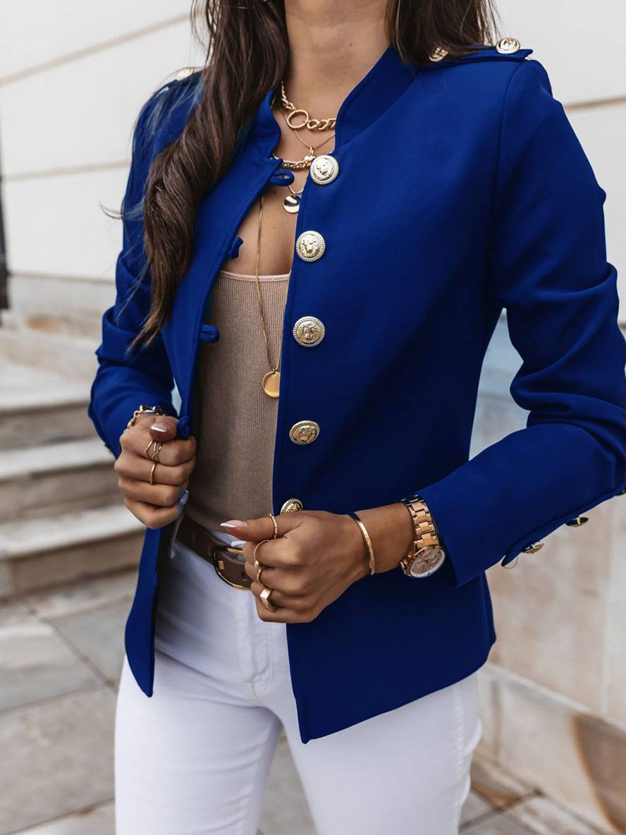 Aurohaya Short Officer Jacket for Women Button-Up Stand Collar Elegant Polyester Blazer