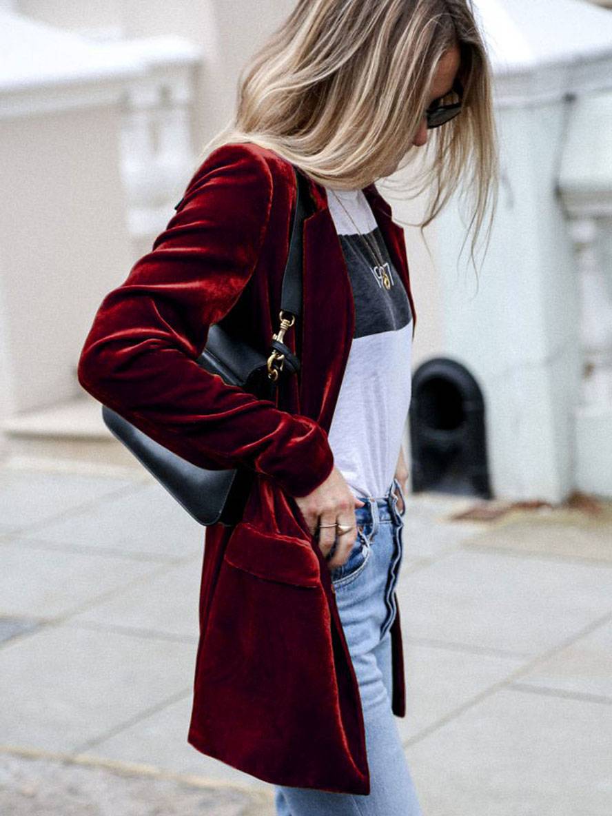 Aurohaya Velvet Blazer for Women Elegant Mid-Length Buttoned Jacket