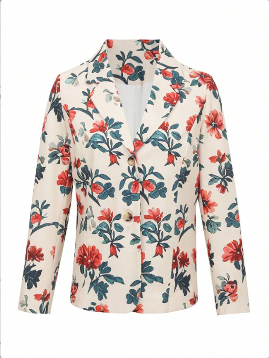 Aurohaya Floral Printed Blazer for Women V-Cut Long Sleeve Vintage Casual Polyester Jacket