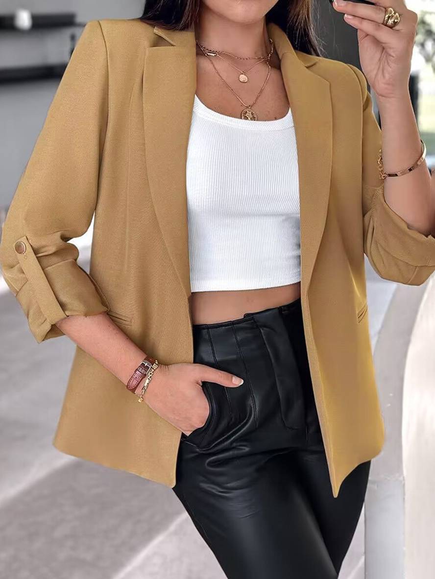 Aurohaya Solid Color Blazer for Women Long Sleeve Buttoned Polyester Elegant Casual Fashion Jacket