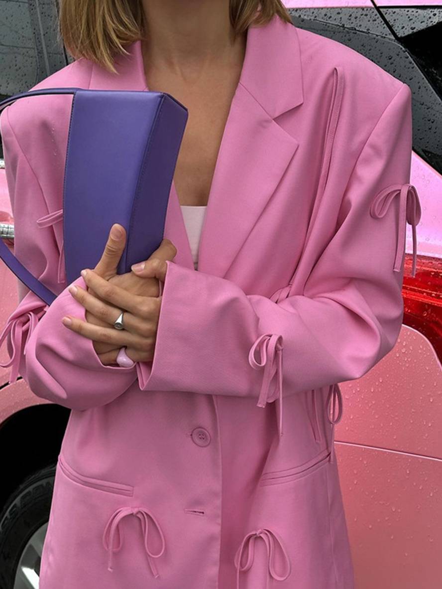 Aurohaya Double-Breasted Solid Blazer for Women Long-Sleeve with Pockets, Oversized Polyester-Spandex Jacket