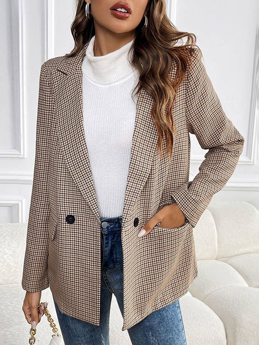 Aurohaya Women's Elegant Plaid Blazer with Buttons and Pockets Long Sleeve Casual Jacket
