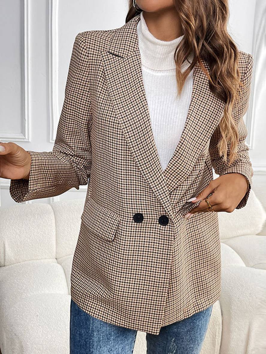 Aurohaya Women's Elegant Plaid Blazer with Buttons and Pockets Long Sleeve Casual Jacket