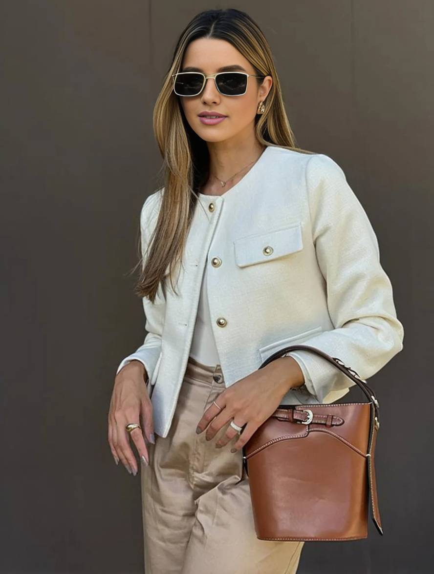 Aurohaya Tweed Court Blazer for Women Round Collar Short Jacket with Buttons & Pockets