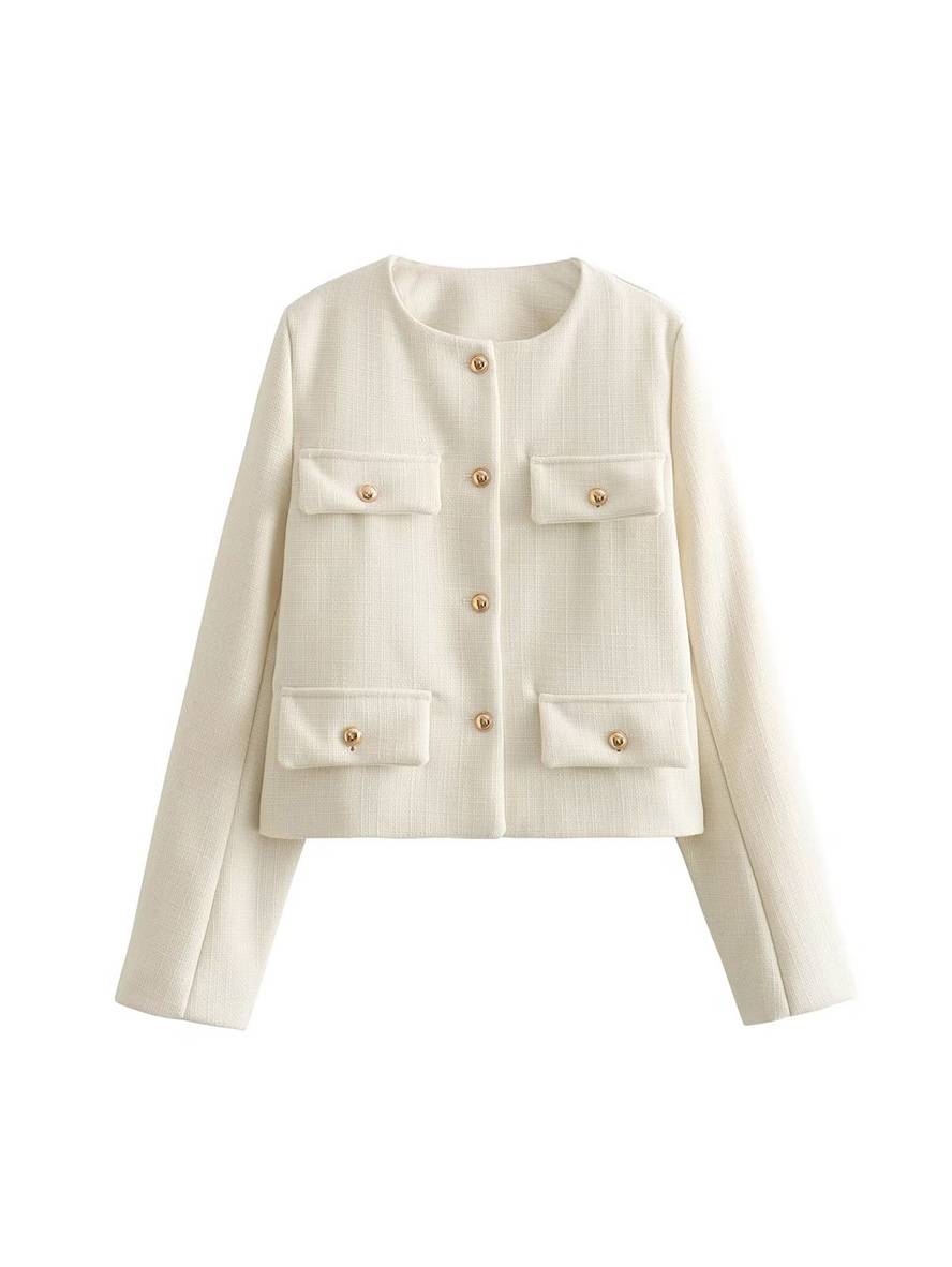 Aurohaya Tweed Court Blazer for Women Round Collar Short Jacket with Buttons & Pockets