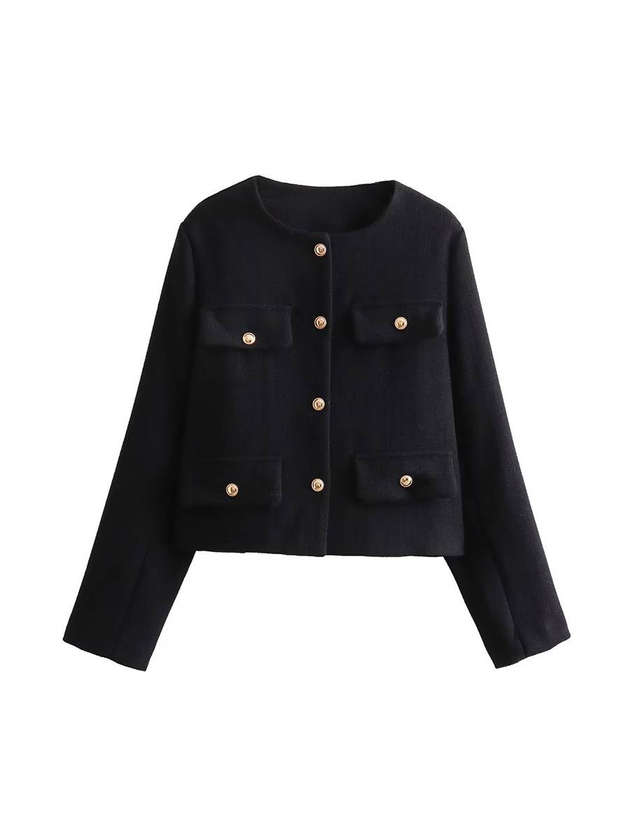 Aurohaya Tweed Court Blazer for Women Round Collar Short Jacket with Buttons & Pockets